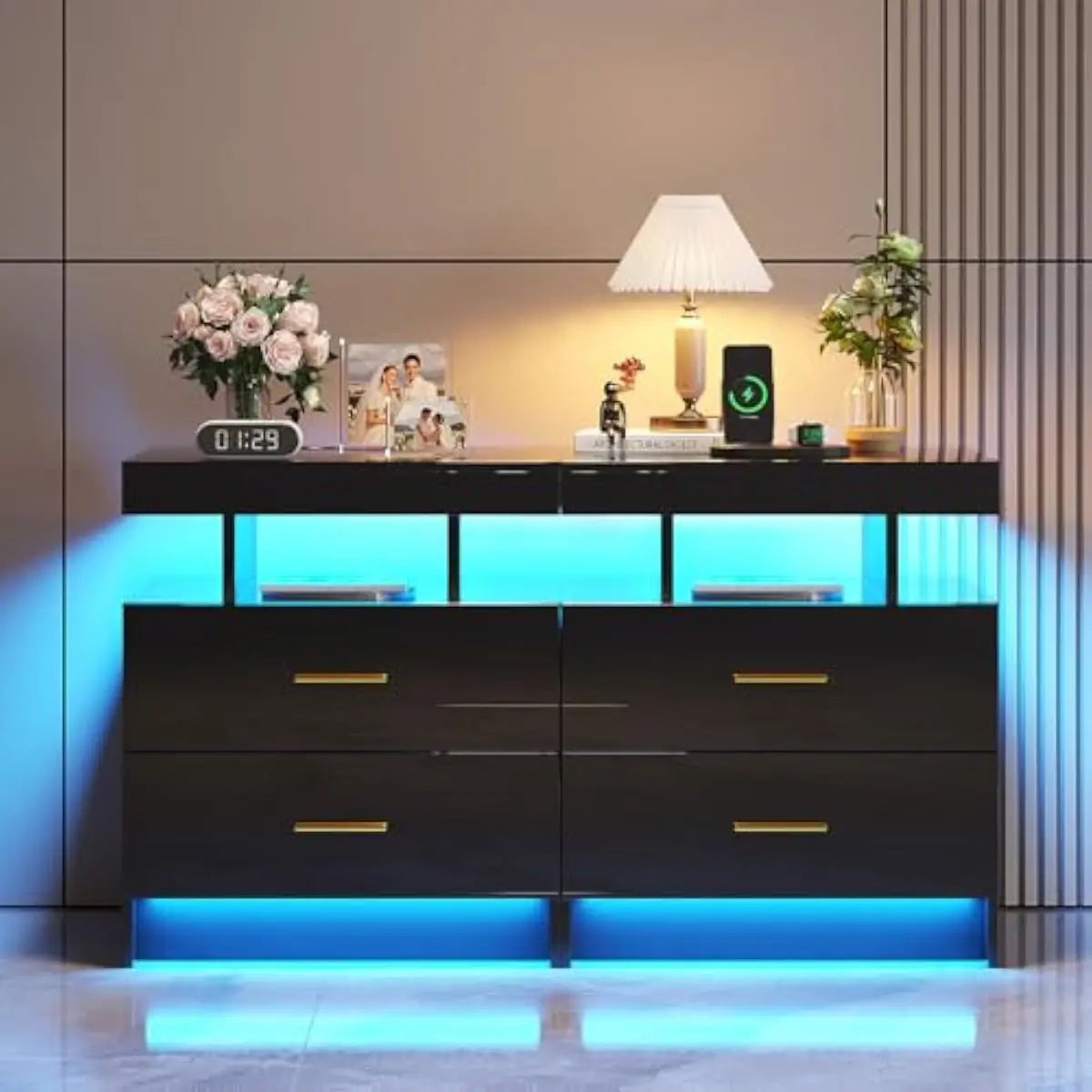 3-drawer LED nightstand set with motion-sensor lighting, wireless charging, USB-C ports, tempered glass top, MDF frame, minimali
