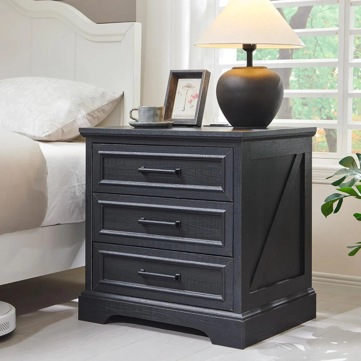 ACCOHOHO Farmhouse Nightstand With Charging Station And Storage Drawers