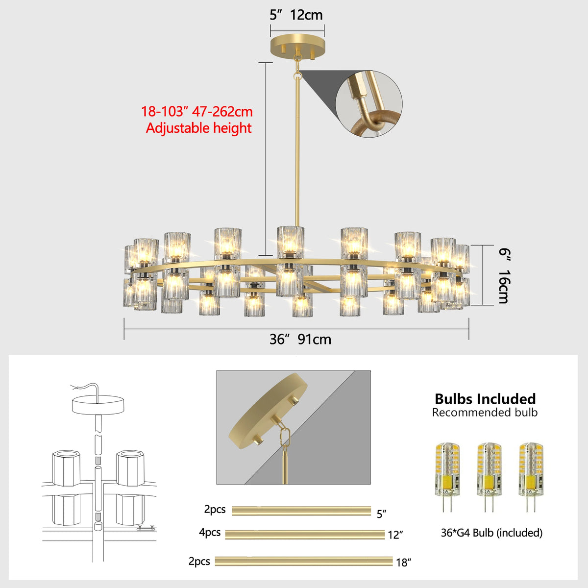 ZHIKEA Modern Crystal Pendant Light LED Ceiling Fixture