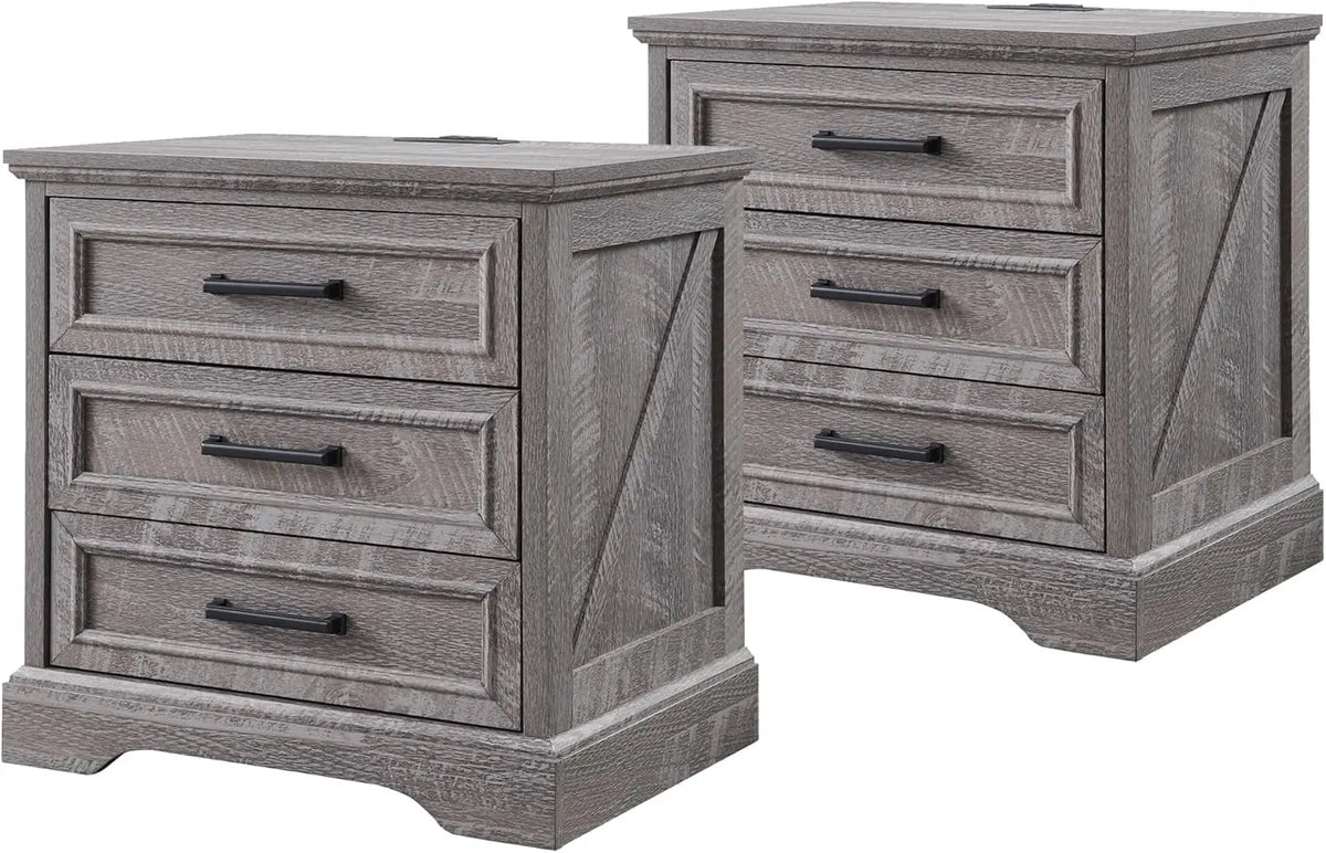 ACCOHOHO Farmhouse Nightstand With Charging Station And Storage Drawers